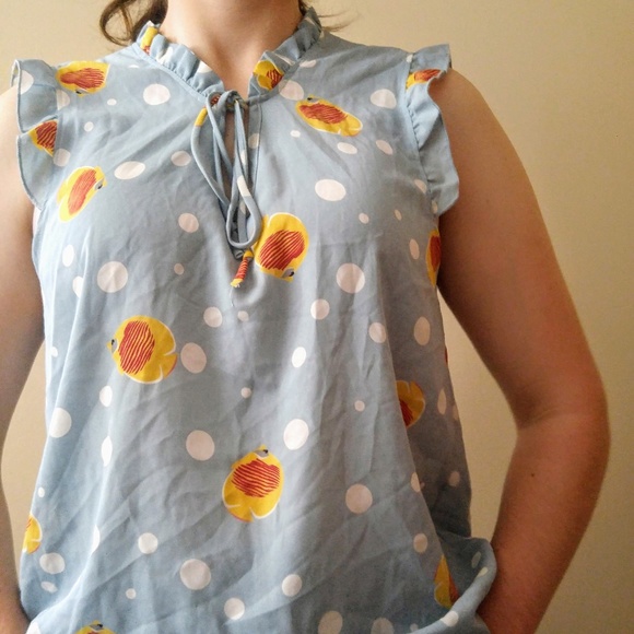 Light Blue Fish Pattern Blouse - Picture 2 of 6